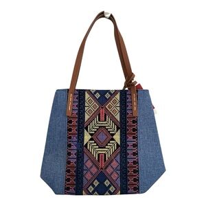 NWT Boho Embroidered Tote Bag with Matching Pouch – Blue, Multicolor